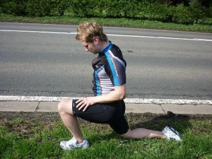 Steve stretching his hip flexors, somewhere in Wales